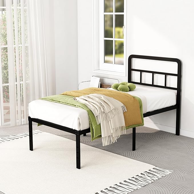 Twin Bed Frames with Headboard 18 Inch, Metal Platform No Box Spring Needed Heavy Duty Steel Slat Mattress Foundation/Easy Assembly/Noise Free/Black