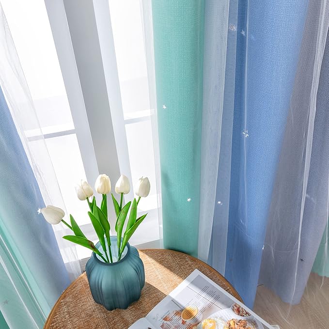 XiDi Blackout Curtains 84 Inches Long, Curtain for Kids Bedroom Decor for Girls Room, 2 Panels Set for Bedroom and Living Room,W52 x L84 inches Blue Green Grey