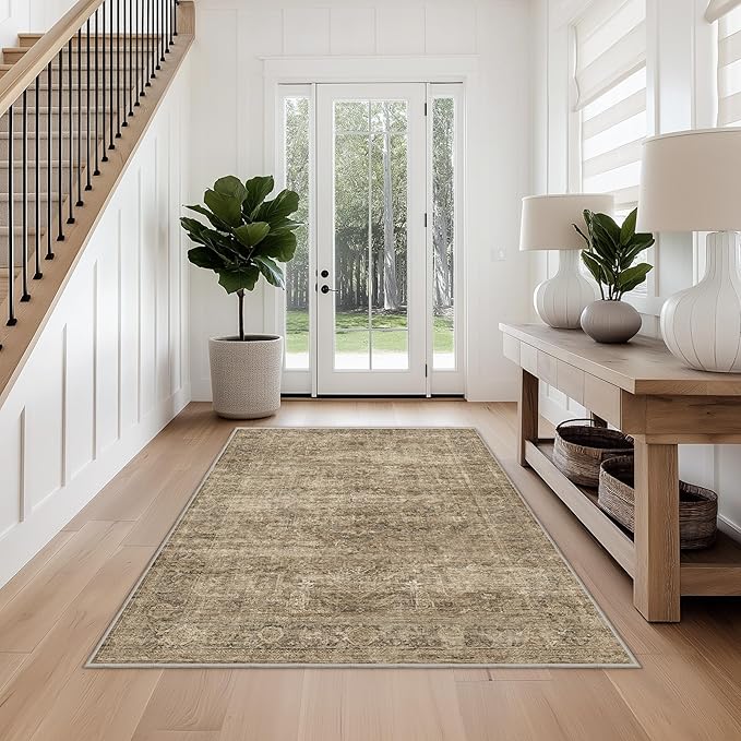 FMFUNCTEX 3x5 Washable Area Rug Brown Vintage Neutral Distressed Non Slip Low Pile Traditional Retro Indoor Carpet for Entryway Entrance Soft Rug Living Room Bedroom Kitchen Dining Office Laundry