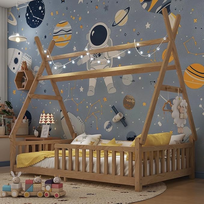 Twin House Bed with Roof & LED Light, Low Profile House Bed with Fence, Safe Guardrails, DIY-Friendly for Boys & Girls, Solid Wood & MDF Construction, No Box Spring Required, Natural