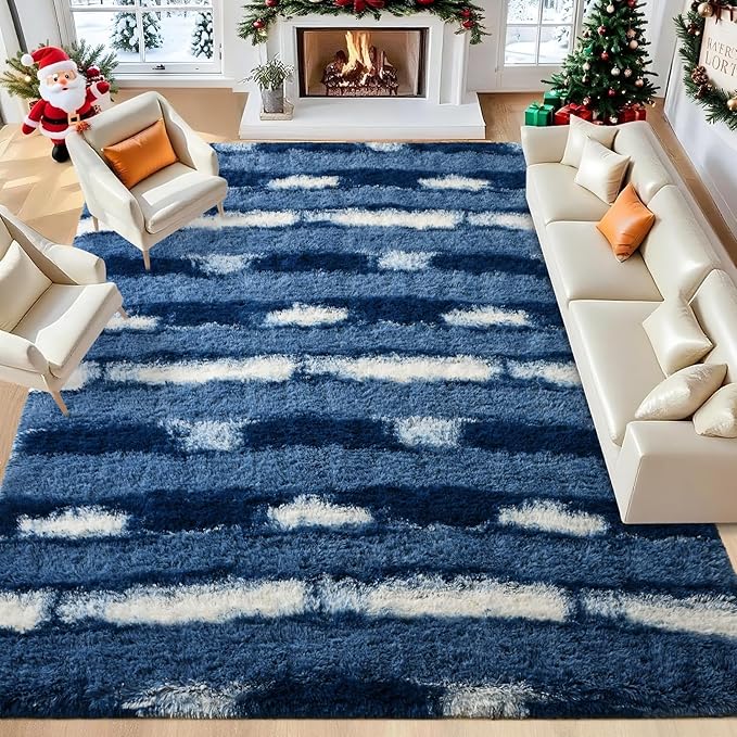 5x7 Feet Area Rugs for Living Room Bedroom,Blue and White Machine Washable Soft Fluffy Shaggy Indoor Rug, Floor Carpet for Girls Boys Kids, Dorms, Nursery Rooms, Home Decor Aesthetic