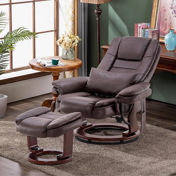 MCombo Swivel Recliner with Ottoman Chair, TV Chair Sets with Vibration Massage, for Small Space Living Room Bedroom 9096 9099 (Faux Leather, Dark Brown)