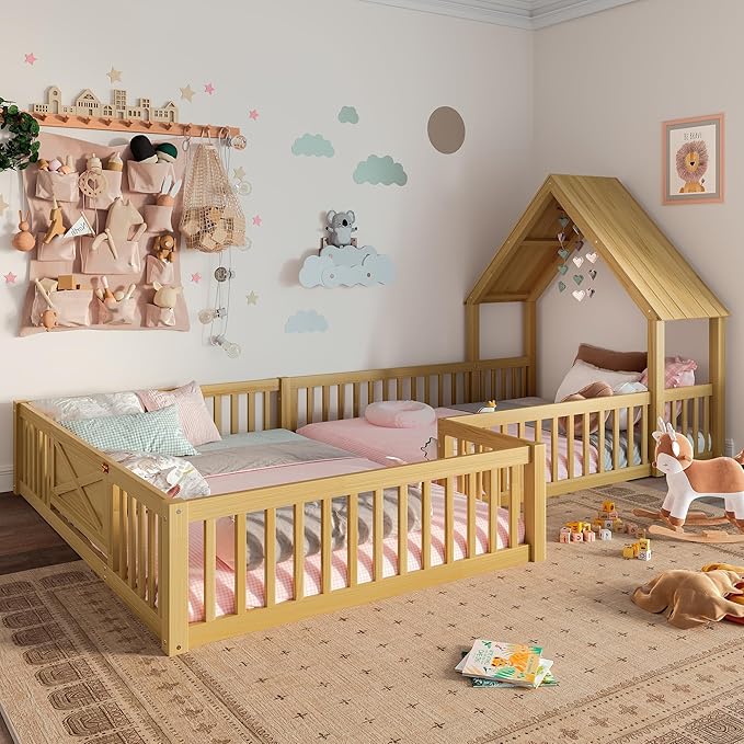 Harper & Bright Designs Full Size House Shaped Double Floor Bed with Door and Full-Length Guardrails, Solid Wood Kids Montessori Floor Bed for Girls Boys, Multi-Function, Natural