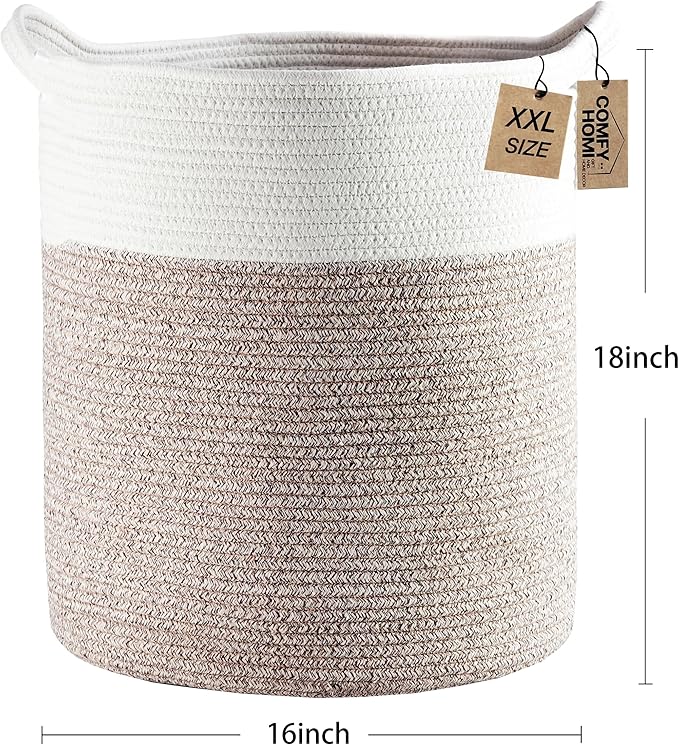 COMFY-HOMI XXL Large Laundry Basket with Handles Blanket Baskets Living Room|Woven Cotton Rope Decorative Basket Laundry Hamper Baby Basket Nursery Dog Toy Storage Organizer Bin-16”x18”-White Brown