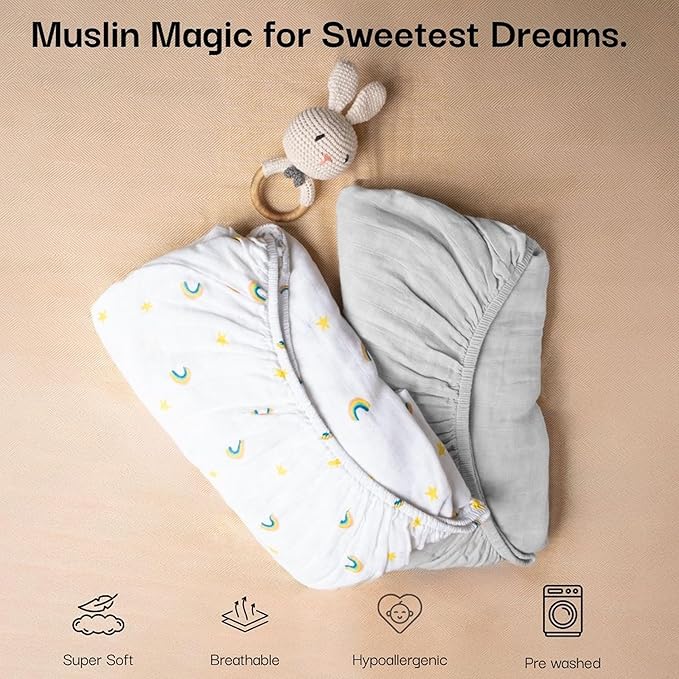 Salt Earth 100% Organic Cotton Muslin Standard Fitted Crib Sheet, 52"x28", 2 Pack Soft Breathable Natural Cotton Sheets Baby Mattress Bed Sheets, No Slip Neutral Baby Crib Sheet (Silver & Rainbow)
