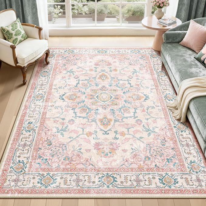 Machine Washable Rugs Nursery Rug 6x9 Cute Girl Non Slip Low Pile Water Repellent Soft Print Pattern for Bedroom Indoor Decor Kids Playroom Pinkteal