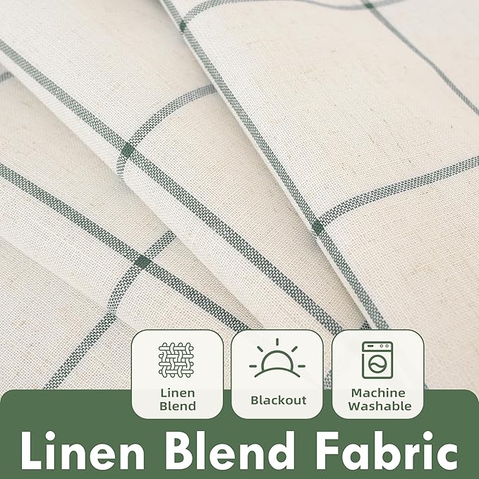 DriftAway 2 Panels 100% Blackout Windowpane Plaid Linen Curtains Double Layer Drapes for Bedroom 96 Inches Long Farmhouse Thermal Insulated 3.25 Inch Rod Pocket Back Tab for Living Room Loden Green