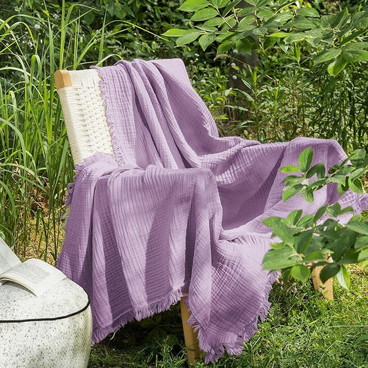 MooMee Muslin Blanket - 100% Cotton 4-Layer Gauze Throw Blanket with All-Around Fringe Ultra-Soft Breathable Lightweight Cooling for Bed Couch (Light Purple,Throw XL 50" x 70")