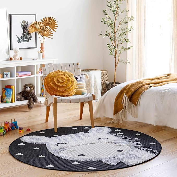 Hauteloom Kids Room, Nursery Round Area Rug - Outdoor Patio Safe - Animal Baby Bowtie Giraffe Playroom Carpet - Beige, Gray, Black, Cream - 3'11"