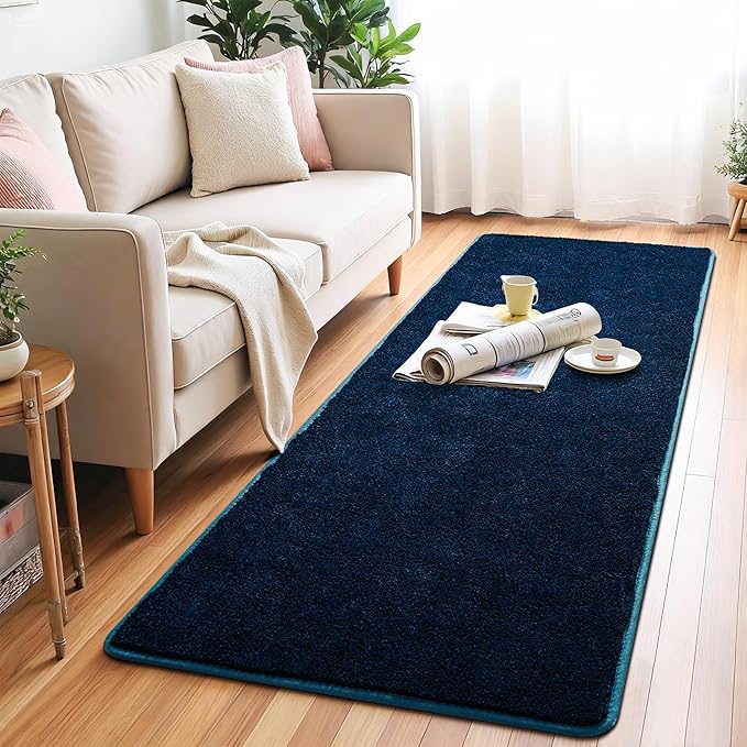 Chicrug 2x6 Minimalist Washable Runner Rugs for Bedroom Hallway, Modern Soft Memory Foam Rug for Kids Nursery, Low Plie Indoor Runner Carpet for Dorm Kitchen Bedside Living Room Decor, Navy Blue