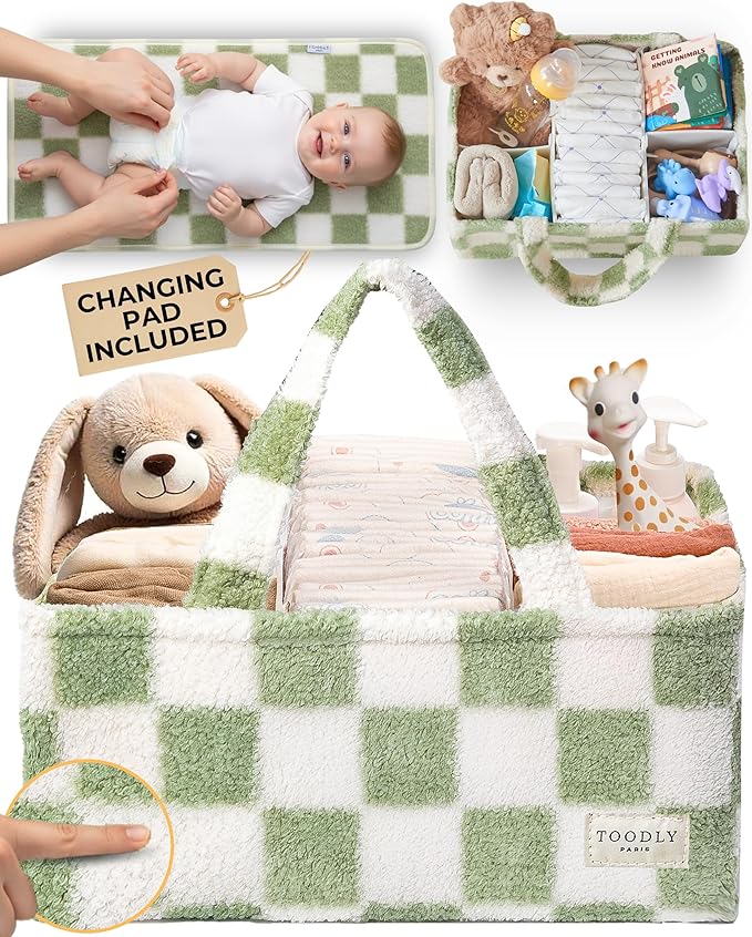 Checkered Diaper Caddy Organizer with Portable Changing Mat - Teddy Fleece Diaper Organizer for Changing Table - Caddy Organizer with Removable Dividers - Green and White