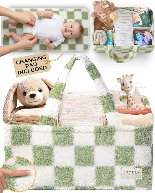 Checkered Diaper Caddy Organizer with Portable Changing Mat - Teddy Fleece Diaper Organizer for Changing Table - Caddy Organizer with Removable Dividers - Green and White