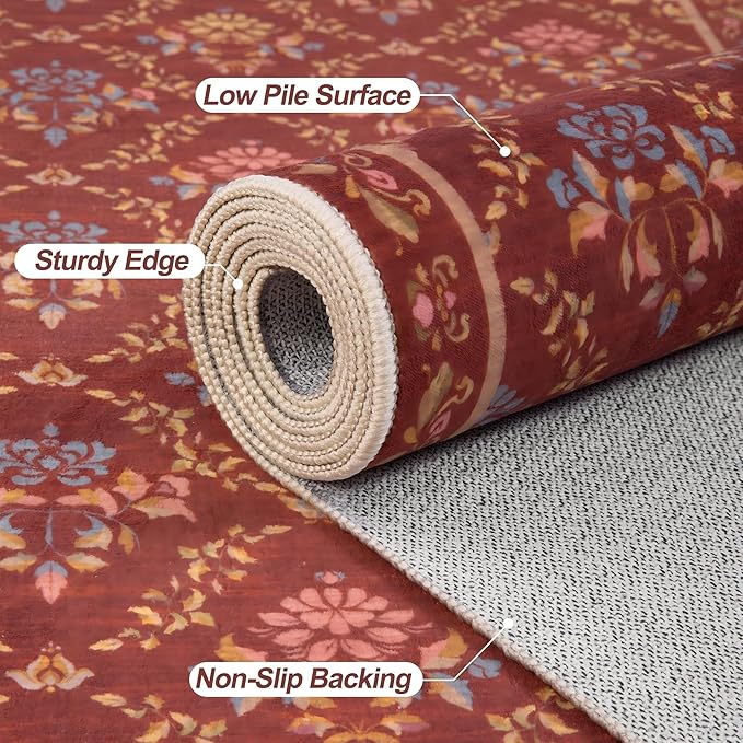Tangsoo 2x3 Small Washable Entry Rug,Non Slip Moroccan Trellis Red Floral Throw Area Rugs for Entryway,Front Door Mats Indoor Entrance Carpet for Kitchen Office Laundry, Soft Kids & Pets Friendly
