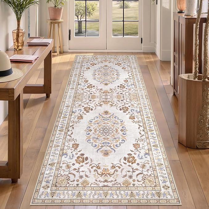 Tangsoo 2x6 Washable Runner Rug Non Slip, Vintage Persian Boho Neutral Hallway Rug for Entry Kitchen, Soft Low Pile Beige Floor Carpet Runner for for Laundry, Bedroom, Living Room Home Decor