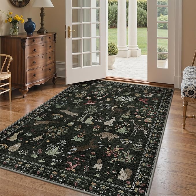 Rugs for Living Room 5x7 Floral Animal Print Area Rug Machine Washable Rug, Non Slip Low Pile Carpet for Bedroom, Entryway, Dark Green