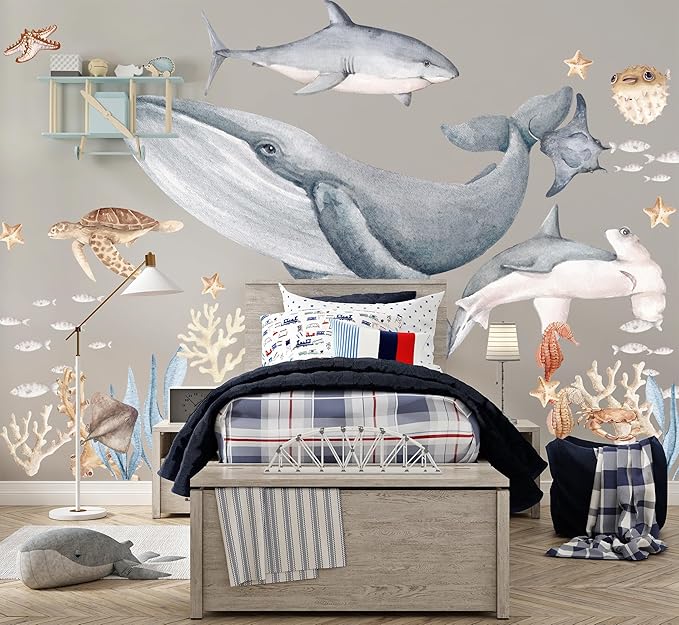 Fish Wall Decals – Octopus Wall Decal & Stickers, Ocean Decal for Nursery Baby Kids Bedroom Bathroom, Large Set (50″ W –50″ H) 40 Pcs