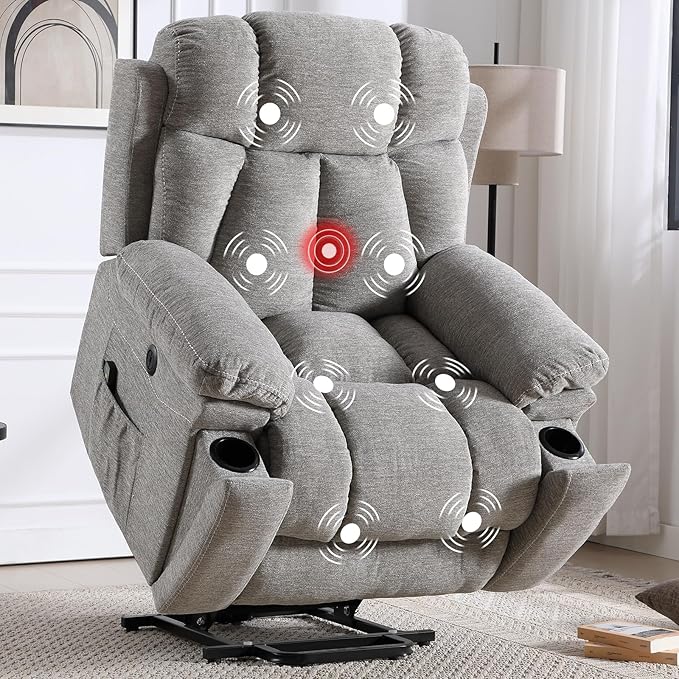 CANMOV Large Power Lift Recliner Chairs with Massage and Heat for Elderly Big People, Heavy Duty Motion Reclining Mechanism-Anti Skid Fabric Recliner Chair with 2 Concealed Cup Holders, Smoke Gray