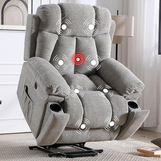 CANMOV Large Power Lift Recliner Chairs with Massage and Heat for Elderly Big People, Heavy Duty Motion Reclining Mechanism-Anti Skid Fabric Recliner Chair with 2 Concealed Cup Holders, Smoke Gray
