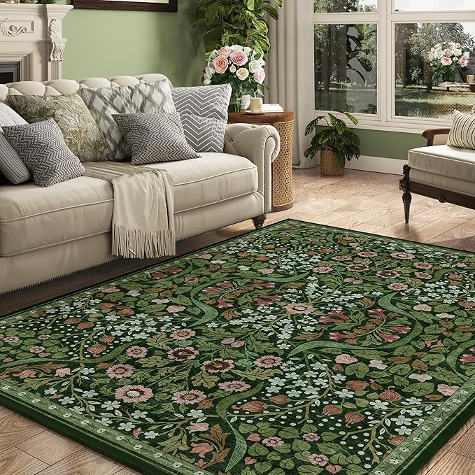 5x7 Green Floral Washable Area Rug for Living Room, Non-Slip Soft Vintage Boho Carpet, Botanical Forest Green Low Pile Rugs for Bedroom, Dinning Room, Home Office, Dorm, Nursery, Dark Green