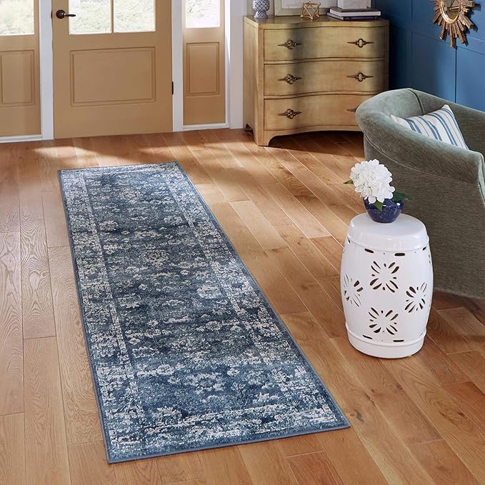 Rugs.com Charleston Collection Rug – 10 Ft Runner Navy Blue Low-Pile Rug Perfect for Hallways, Entryways
