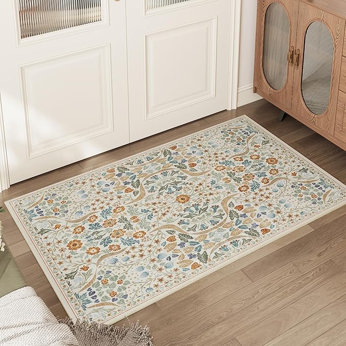 2x3 Floral Washable Area Rug for Kitchen, Non-Slip Soft Vintage Boho Carpet, Botanical Forest Beige Small Low Pile Rugs for Bedroom, Entryway, Home Office, Dorm, Beige