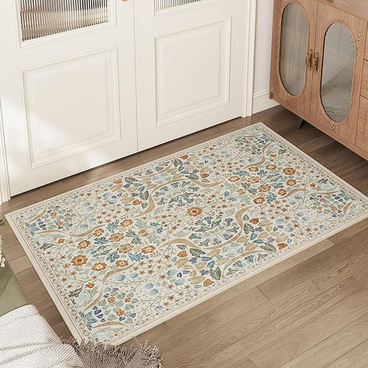 2x3 Floral Washable Area Rug for Kitchen, Non-Slip Soft Vintage Boho Carpet, Botanical Forest Beige Small Low Pile Rugs for Bedroom, Entryway, Home Office, Dorm, Beige