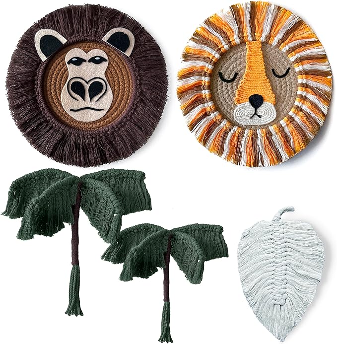 cosyLabels Macrame Nursery Decor: Safari Boho Baby Room Decor. Premium Jungle Wall Hanging with Hooks, Cotton Base. Lion, Monkey, 2x Palm Trees, Leaf