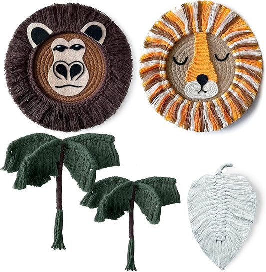 cosyLabels Macrame Nursery Decor: Safari Boho Baby Room Decor. Premium Jungle Wall Hanging with Hooks, Cotton Base. Lion, Monkey, 2x Palm Trees, Leaf
