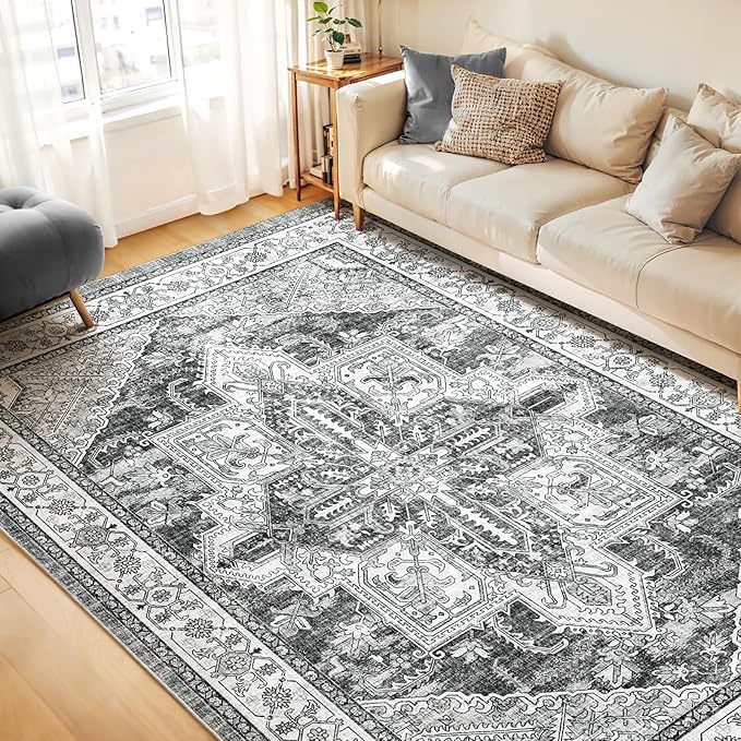 WITSHOCK Living Room Area Rugs 9x12: Washable Rug Boho Soft Low Pile Non Slip Stain Resistant Foldable Carpet for Bedroom Playroom Dining Room Office Distressed Vintage Farmhouse Home Decor Rug-Gray