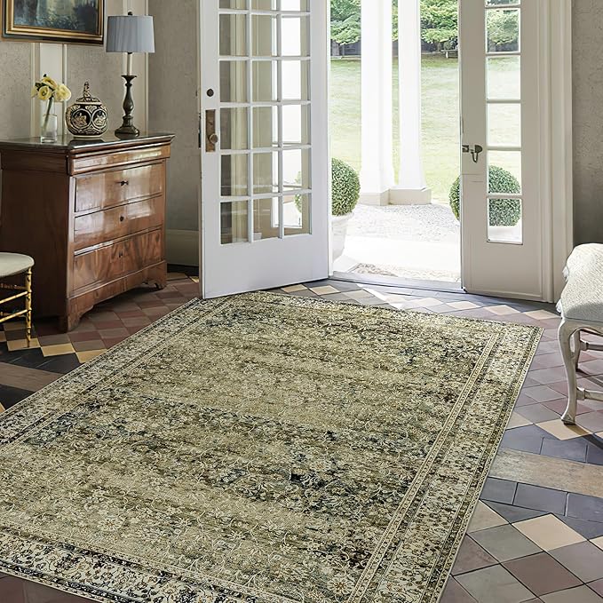 Olive and Tan Boho Front Door Mat for Indoor Entrance Washable Non Slip Cute Vintage Floral Aesthetic Area Rugs for Entryway Entry 4x6