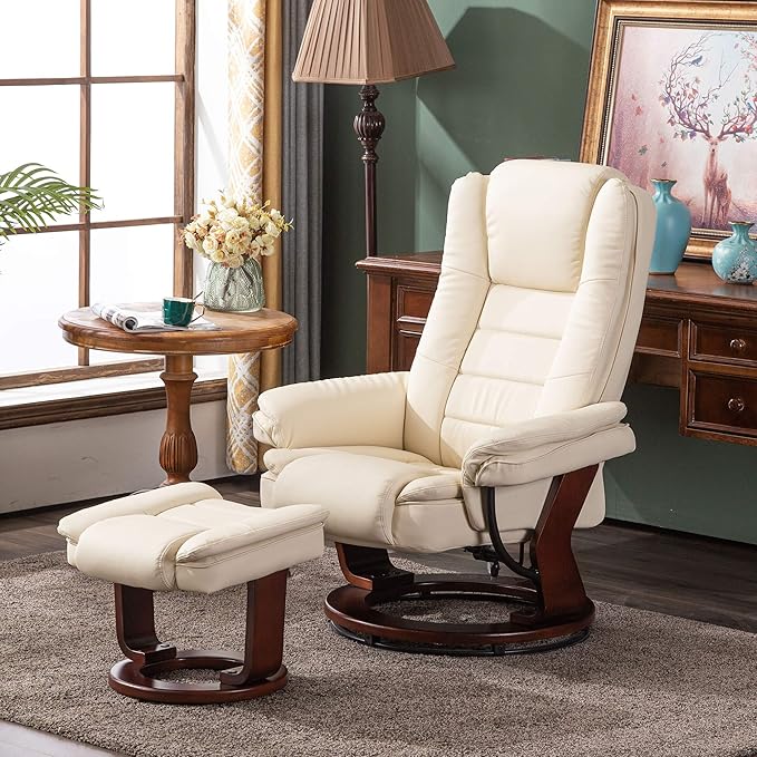 MCombo Swivel Recliner with Ottoman Chair, TV Chair Sets with Vibration Massage, for Small Space Living Room Bedroom 9096 9099 (Faux Leather, Cream White)