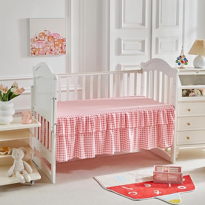 3 Pieces Flowers Crib Bedding Set Baby Ruffled Quilted Comforter with Fitted Sheet and Bed Skirt - Cute Ruffled Shabby Chic Baby Bedding Soft Blanket Floral Design