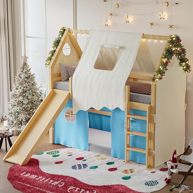 Playhouse Design Twin Size Loft Bed with Slide & Tent, Solid Wood Tent Bed Frame for Kids Boys Girls, Versatile Spacious Under Bed Space, Chic Design with Lights (Natural+Blue-Twin)