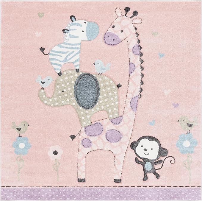 SAFAVIEH Carousel Kids Collection Area Rug - 8' Square, Blush Pink, Geometric Design, Ideal for High Traffic Areas in Living Room, Bedroom, Dining (CRK120U)