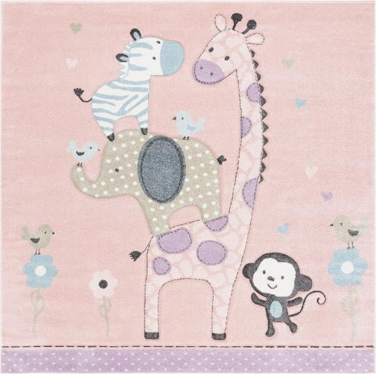 SAFAVIEH Carousel Kids Collection Area Rug - 8' Square, Blush Pink, Geometric Design, Ideal for High Traffic Areas in Living Room, Bedroom, Dining (CRK120U)