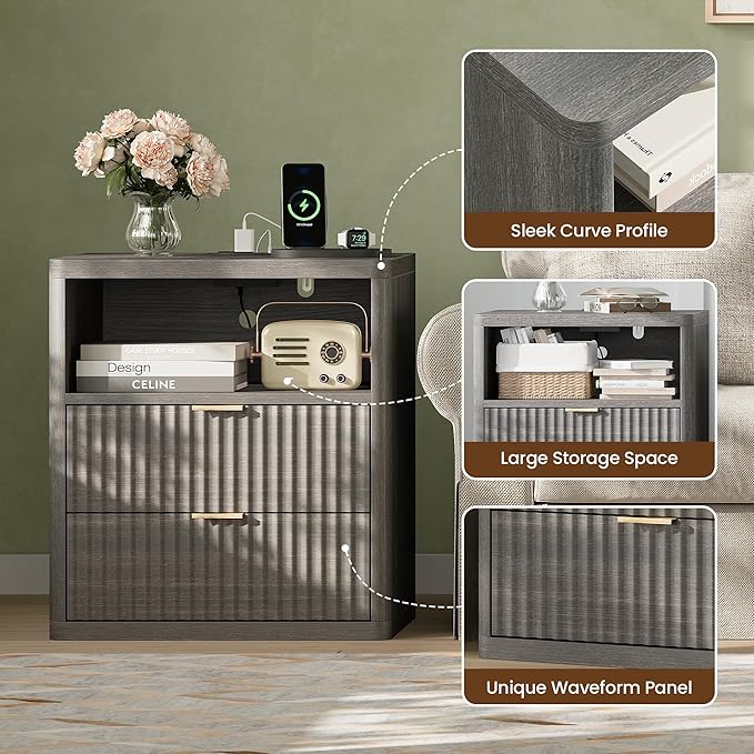 Fluted Nightstand Set of 2 with Charging Station, 21.7" Wide Modern Night Stand with 2 Drawers Open Storage Cabinet, Wooden Bedside End Table for Bedroom,Gray
