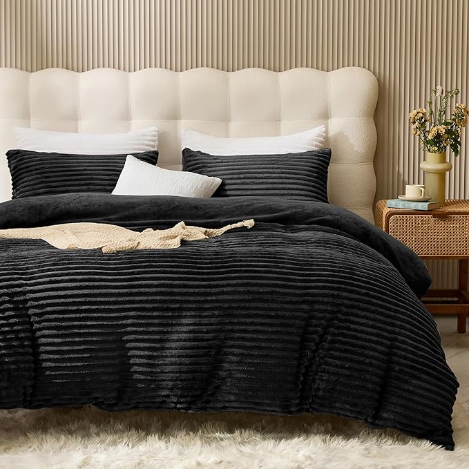 JELLYMONI Plush Duvet Cover Set - King Size Black Striped Fluffy Comforter Cover 3pcs Bedding Set Luxury Ultra Soft Faux Fur Duvet Cover with Zipper and 2 Pillowcases (NO Comforter)