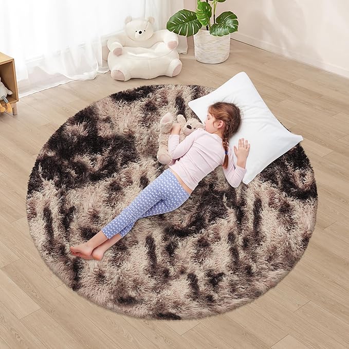 4 ft Round Fluffy Brown Rug for Bedroom,Tie Dyed Furry Round Carpet Non Slip Fuzzy Shaggy Plush Circle Area Rug Rug for Living Room Teen Room Nursery Room Playroom Kids Room Home Decor Washable