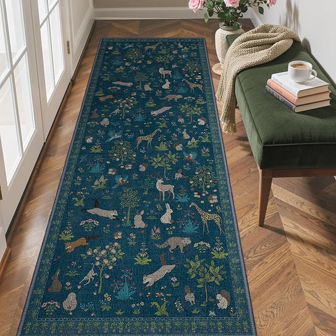 Runner Rug Non Slip 2'6''x 6', Floral Animal Print Rug Machine Washable Rug, Non Slip Low Pile Hallway Runner Carpet for Kitchen, Laundry, Bedroom, Bathroom, Midnight Blue