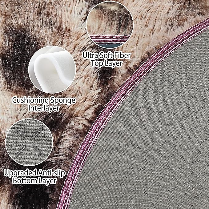 5 ft Round Fluffy Brown Rug for Bedroom,Tie Dyed Furry Round Carpet Non Slip Fuzzy Shaggy Plush Circle Area Rug Rug for Living Room Teen Room Nursery Room Playroom Kids Room Home Decor Washable