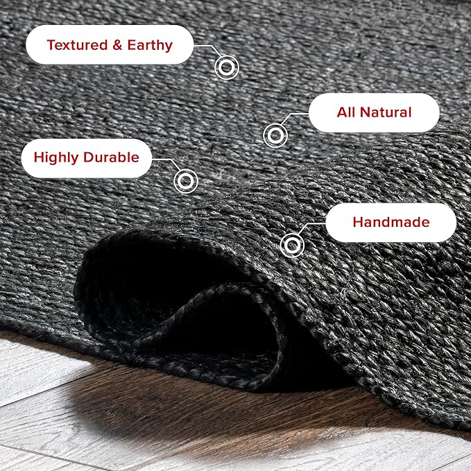 nuLOOM 9x12 Rigo Jute Hand Woven Area Rug, Black, Solid Farmhouse Design, Natural Fiber, For Bedroom, Living Room, Dining Room, Hallway, Office, Kitchen, Entryway