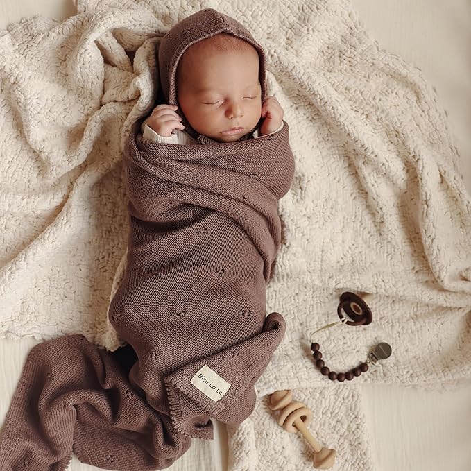 Organic Unisex Pointelle Receiving Swaddle Blanket for Boys & Girls - 100% Luxury Organic Soft Cotton Knit Warm Cozy Cuddle Stroller Blanket for Newborns, Infants, & Toddlers (Mocha)