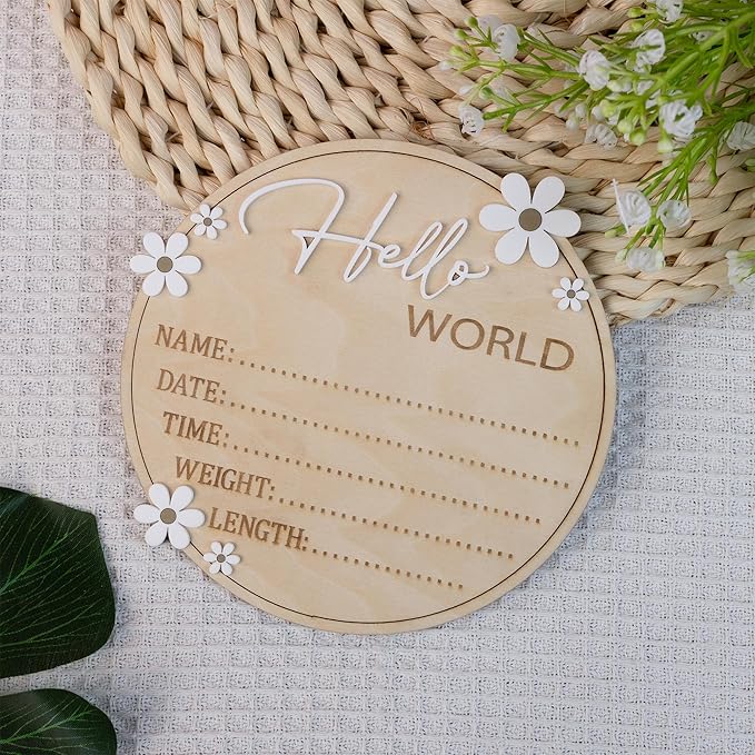Baby Announcement Sign 6.5 Inch Wooden Hello World Newborn Welcome Sign Birth Name Plaques for Photo Props Shower Hospital Nursery (Daisy)