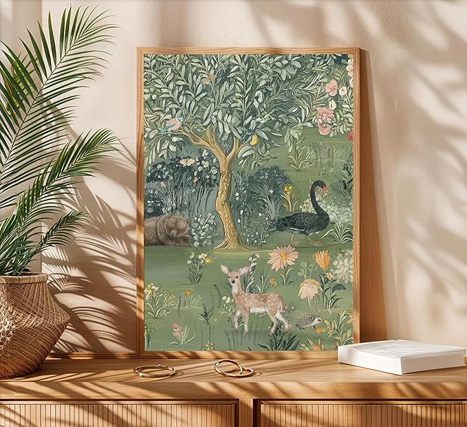 Vintage Woodland Animal Nursery Wall Art Magic Horse Bear Deer Poster Green Fantasy Forest Botanical Pictures Decor Fairy Tale Nature Painting Canvas Print Artwork for Kids Room Living Room, Unframed