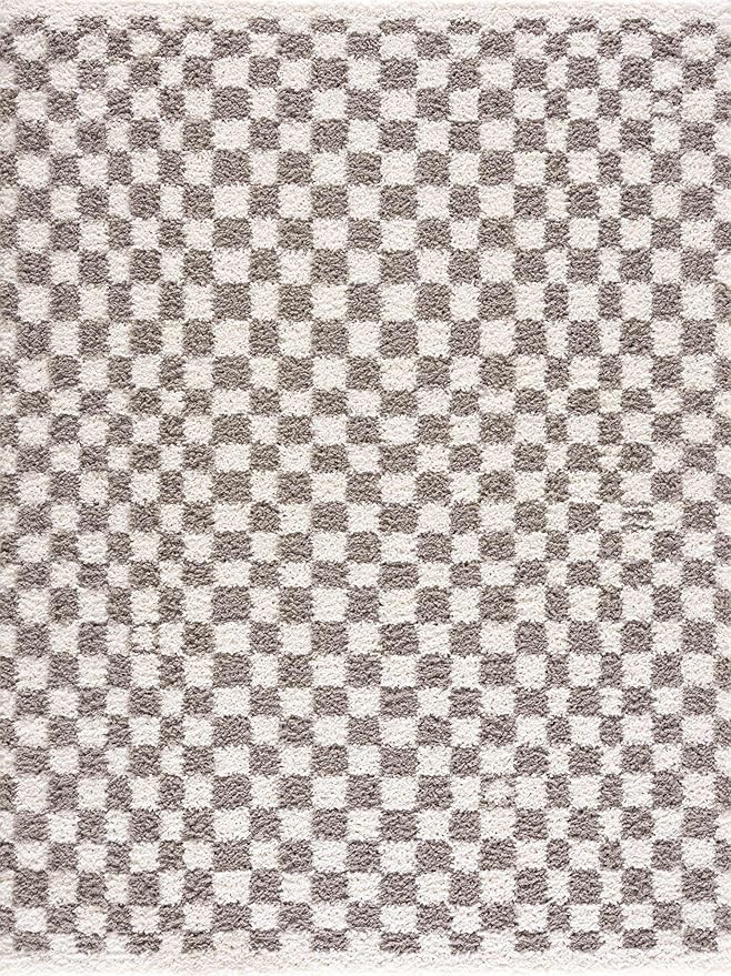 Hauteloom Kieu Contemporary Checkered Fluffy Shag Area Rug - Modern Geometric Soft Carpet Tiles for Living Room, Kids Room, Nursery - Gray, Light Grey, White - 7'10" x 10'