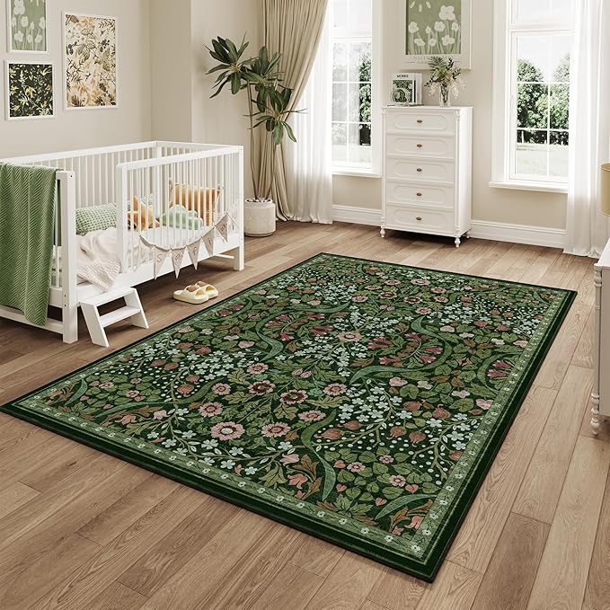 5x7 Green Floral Washable Area Rug for Living Room, Non-Slip Soft Vintage Boho Carpet, Botanical Forest Green Low Pile Rugs for Bedroom, Dinning Room, Home Office, Dorm, Nursery, Dark Green