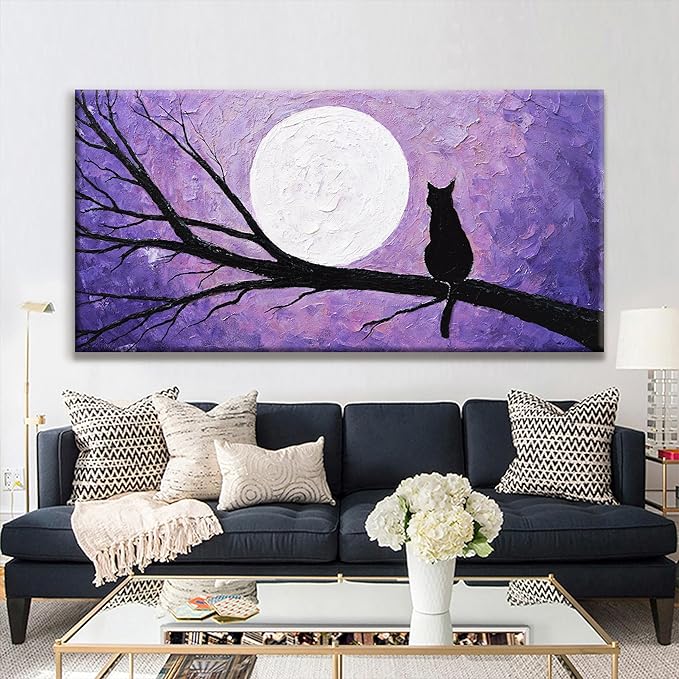 QSQ Cat Wall Art For Living Room Prints Painting Canvas Art Wall Decor Funny Monet Cat Under The Moonlight Abstract Wall Art Posters Picture For Bedroom Office Home Wall Decor Aesthetic 29" × 58"