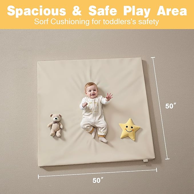 Padded 50" ×50" Large Baby Play Mat for Floor, 1.2" Thick Memory Foam Playmat with Soft Vegan Leather Cover, Cushioned Play Mat for 50" x50" Playpens, Grey
