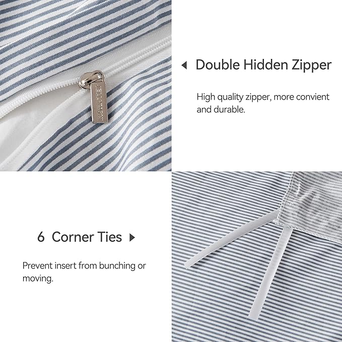 JELLYMONI 100% Natural Cotton 3pcs Striped Duvet Cover Sets,Blue Duvet Cover with Thin White Stripes Pattern Printed Comforter Cover,with Zipper Closure & Corner Ties(Full Size)