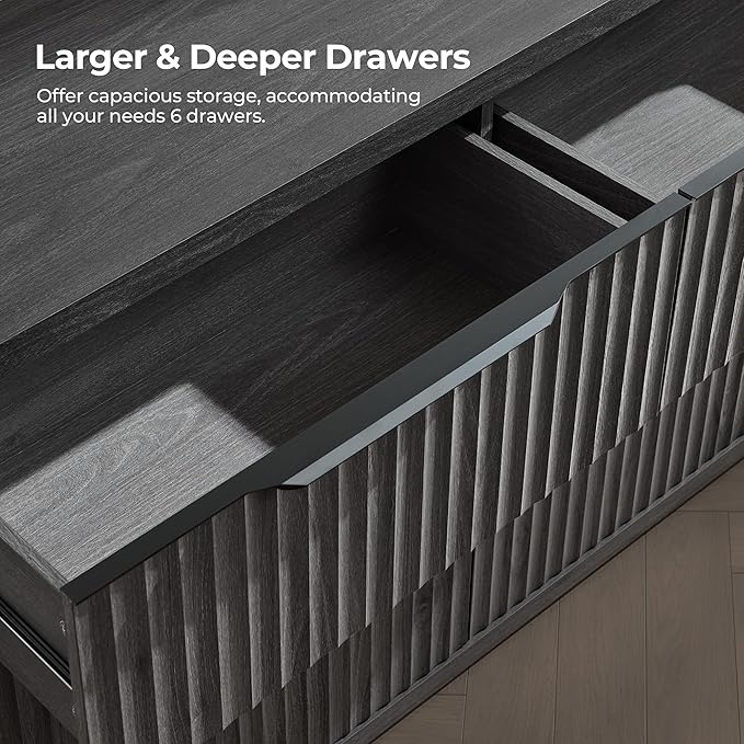 SICOTAS Dresser for Bedroom 53.5" Wide 6 Drawer Dressers & Chests of Drawers for Closet Long Large Modern TV Stand Set for Clothes Storage Fluted Clothes Closet for Hallway Entryway, Dark Grey Alder